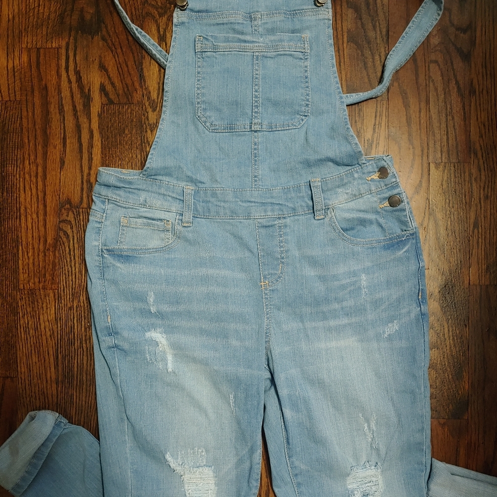 Womens light denim distressed overalls